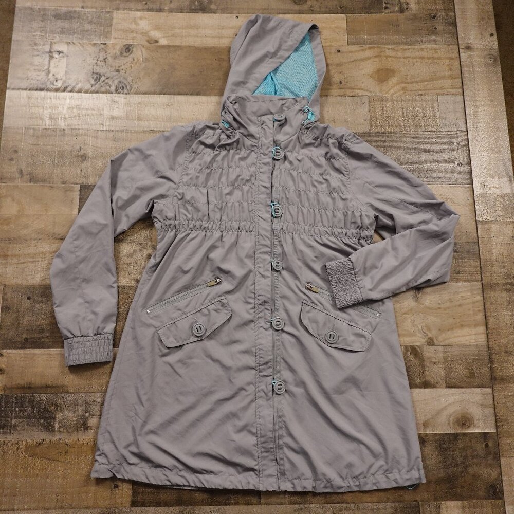 Athleta Long Hooded Rain Jacket Women’s Size L Gray Aqua Lining Drawstring Waist
